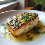 Close-up of a perfectly seared chilean sea bass recipe fillet topped with fresh parsley and garlic butter sauce.