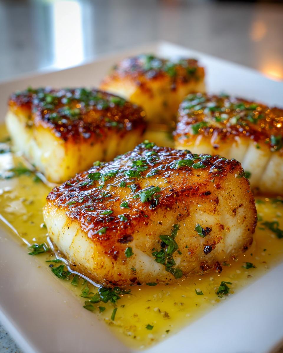 Four golden-brown, pan-seared portions of chilean sea bass served in a pool of melted butter and garnished with fresh parsley.