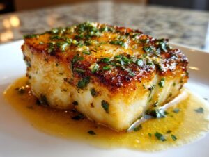 Close-up of a thick, perfectly seared chilean sea bass recipe fillet topped with herbs and sitting in a buttery sauce.