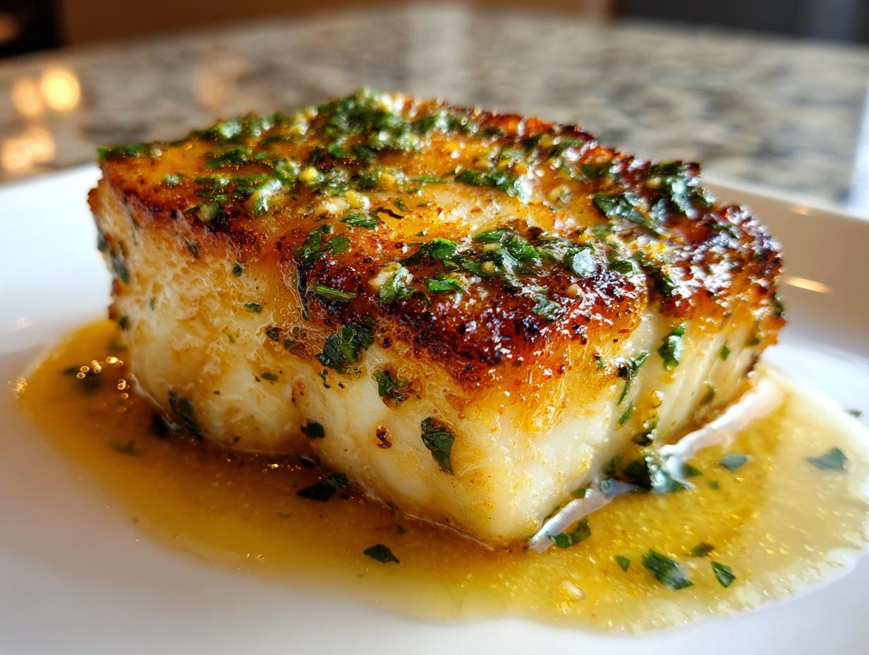 Close-up of a thick, perfectly seared chilean sea bass recipe fillet topped with herbs and sitting in a buttery sauce.