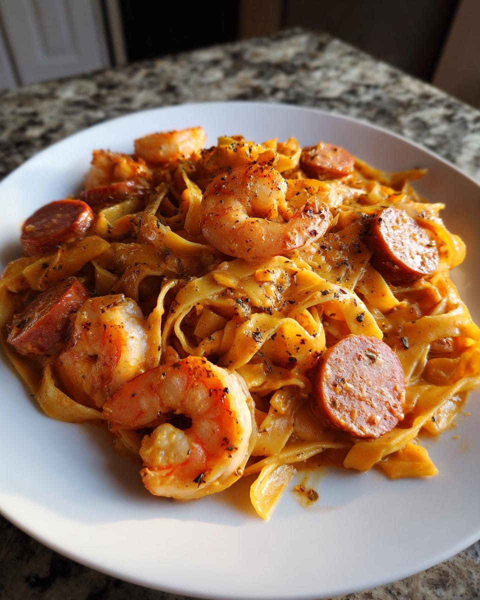 A close-up of creamy Cajun shrimp pasta featuring large seasoned shrimp and slices of andouille sausage on a white plate.