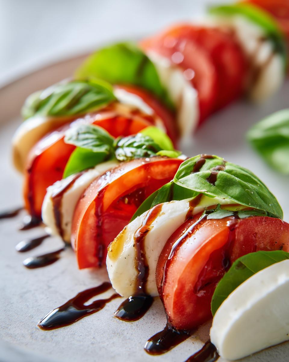 Close-up of a beautifully arranged caprese salad featuring alternating slices of fresh mozzarella, red tomatoes, and basil leaves drizzled with balsamic glaze.