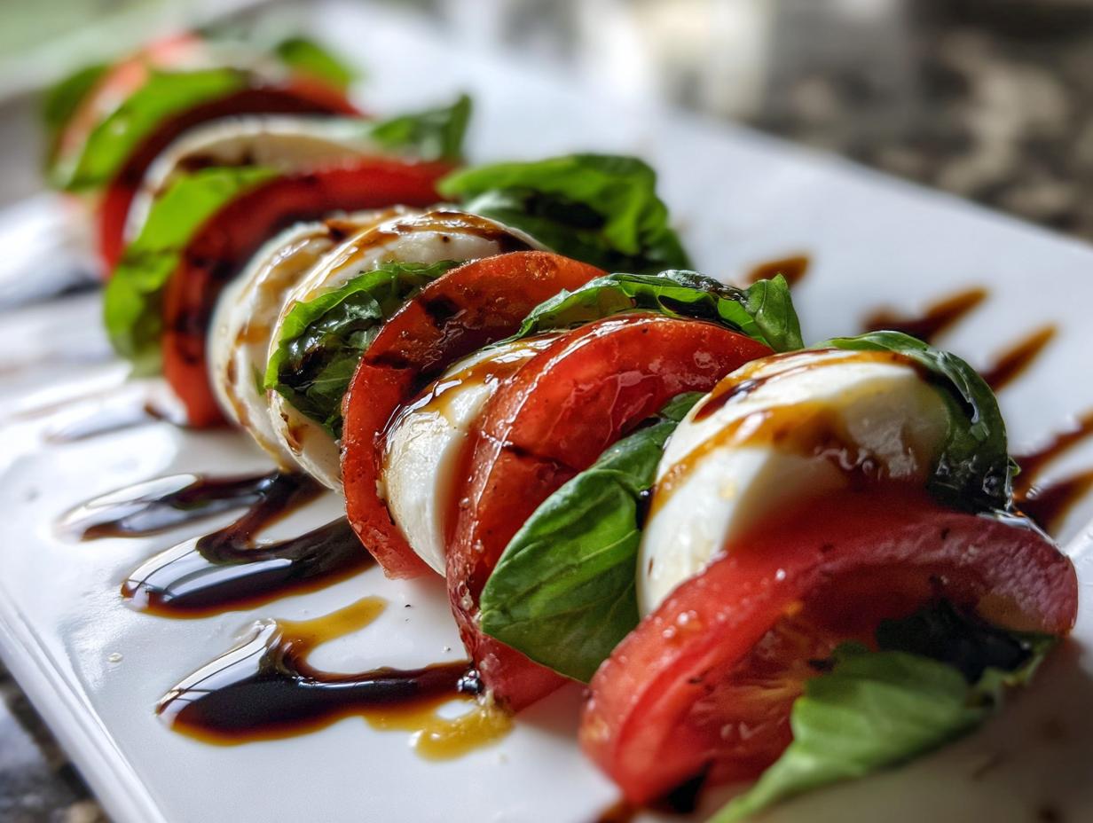 Close-up of a classic caprese salad featuring alternating slices of tomato, fresh mozzarella, and basil, drizzled with balsamic glaze.