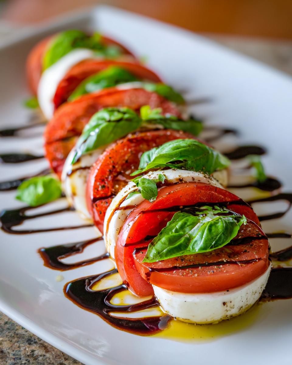 Close-up of a beautifully arranged caprese salad featuring alternating slices of fresh tomato, mozzarella, and basil leaves.