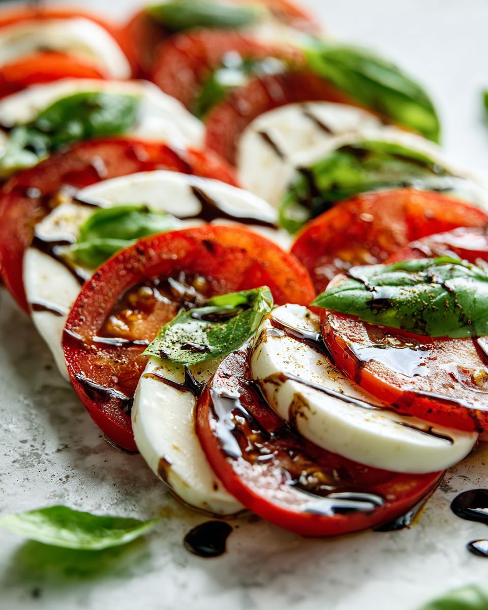 Close-up of alternating slices of red tomato, white mozzarella, and green basil leaves making a caprese salad, drizzled with balsamic glaze.