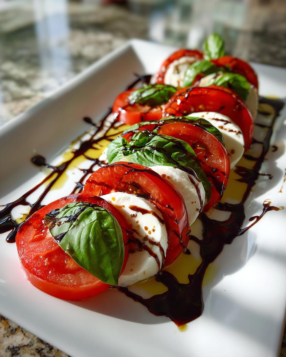 A row of alternating tomato and mozzarella slices garnished with basil, drizzled with balsamic glaze for a perfect caprese salad.