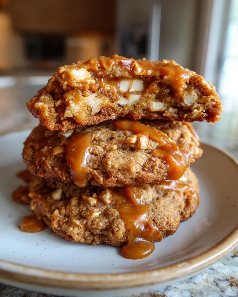 Close-up of three caramel apple cookies stacked, drizzled with caramel sauce, showing apple chunks inside.