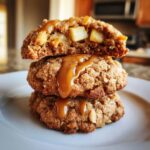 A stack of three caramel apple cookies, cut open to show apple chunks, drizzled with thick caramel sauce.