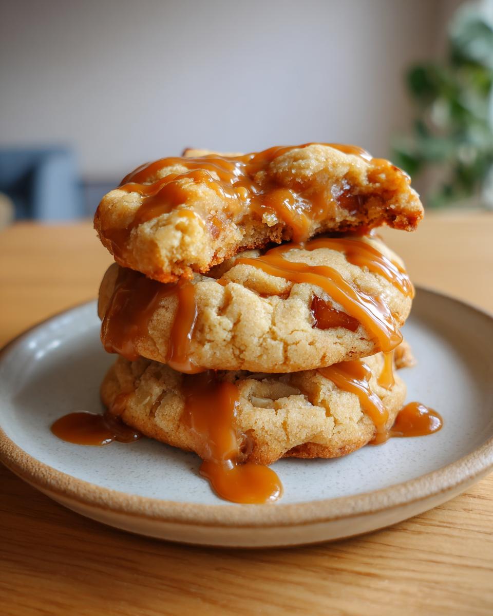 A stack of three soft caramel apple cookies generously drizzled with thick caramel sauce.