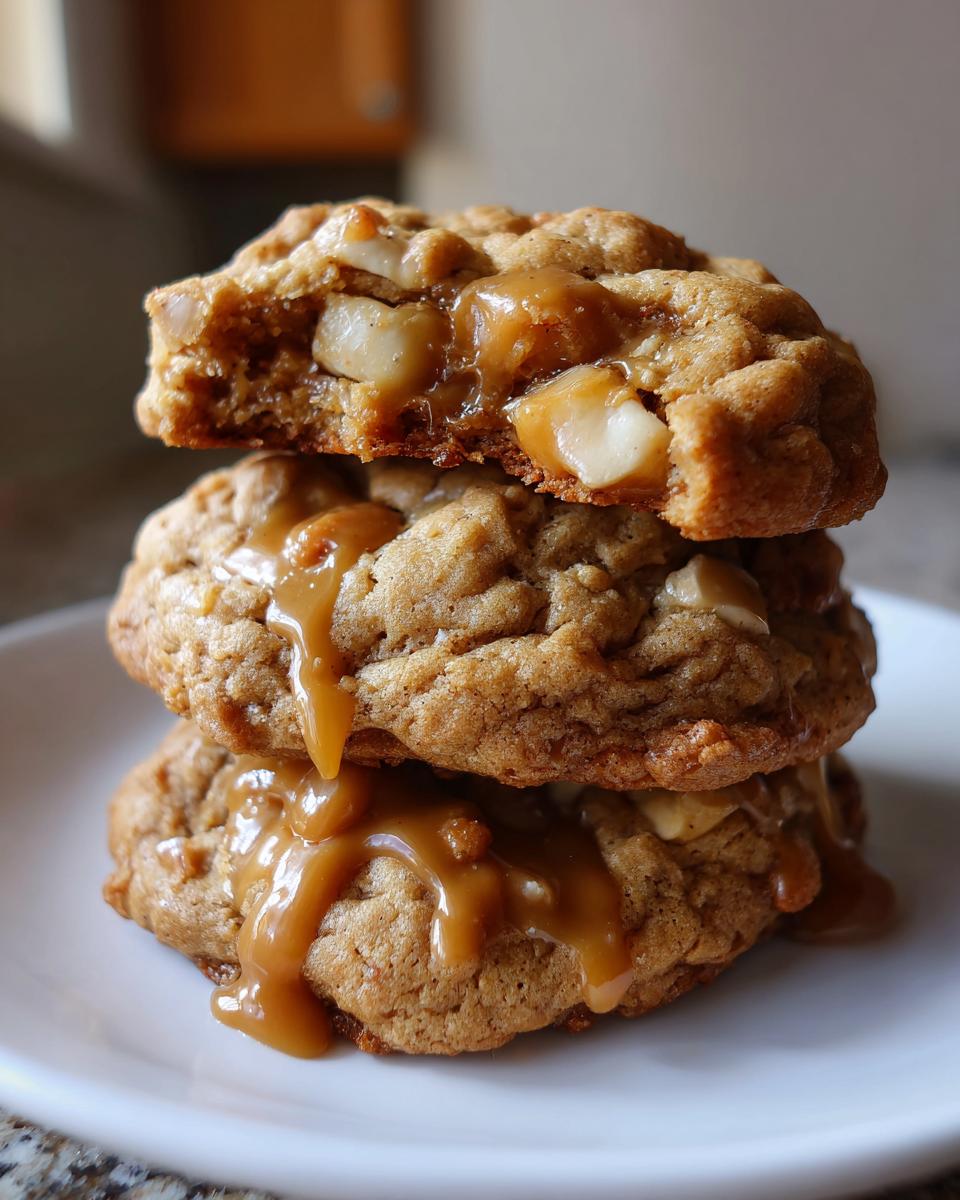 Three stacked caramel apple cookies drizzled with caramel sauce and showing visible white nuts inside.
