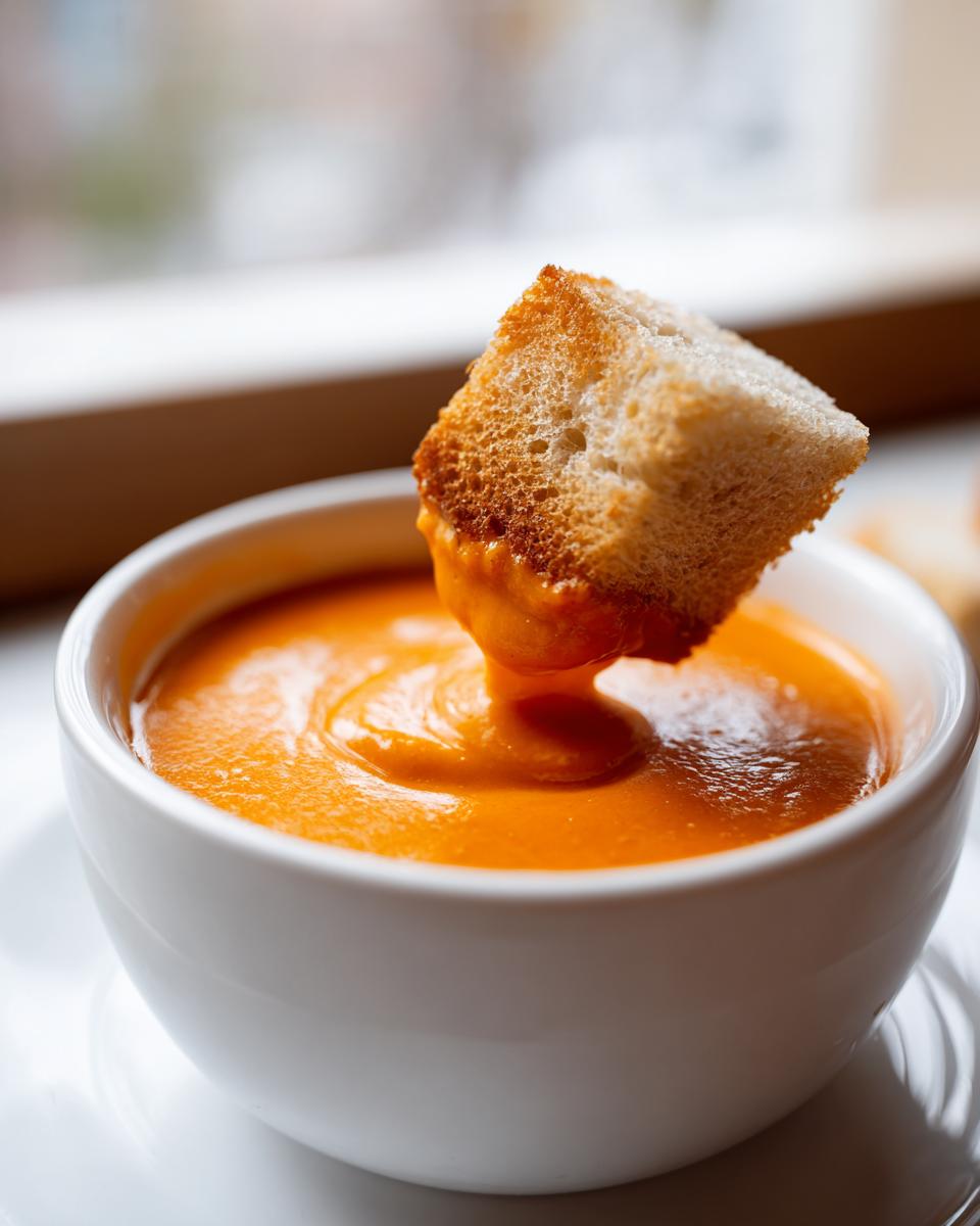 A piece of toasted bread being dipped into a bowl of creamy, orange cheddar cheese fondue recipe.
