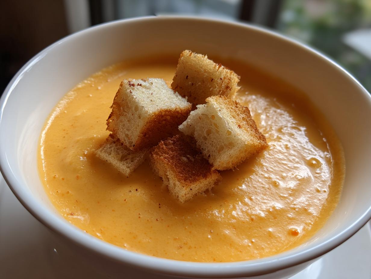Close-up of creamy orange cheddar cheese fondue recipe topped with toasted bread cubes in a white bowl.