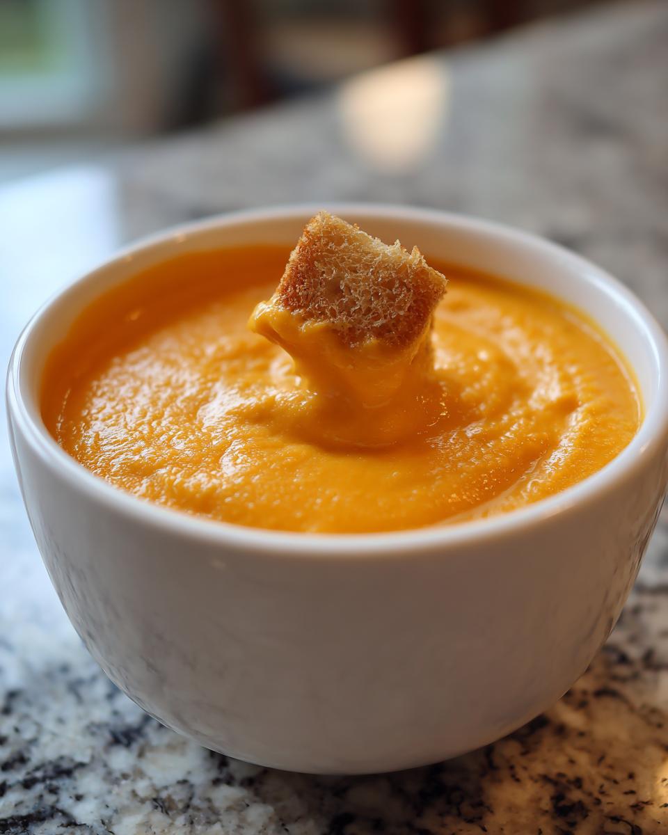 Close-up of a toasted crouton being dipped into a bowl of thick, orange cheddar cheese fondue recipe.