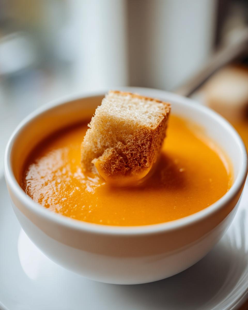 A toasted bread cube being dipped into a bowl of creamy, orange cheddar cheese fondue.