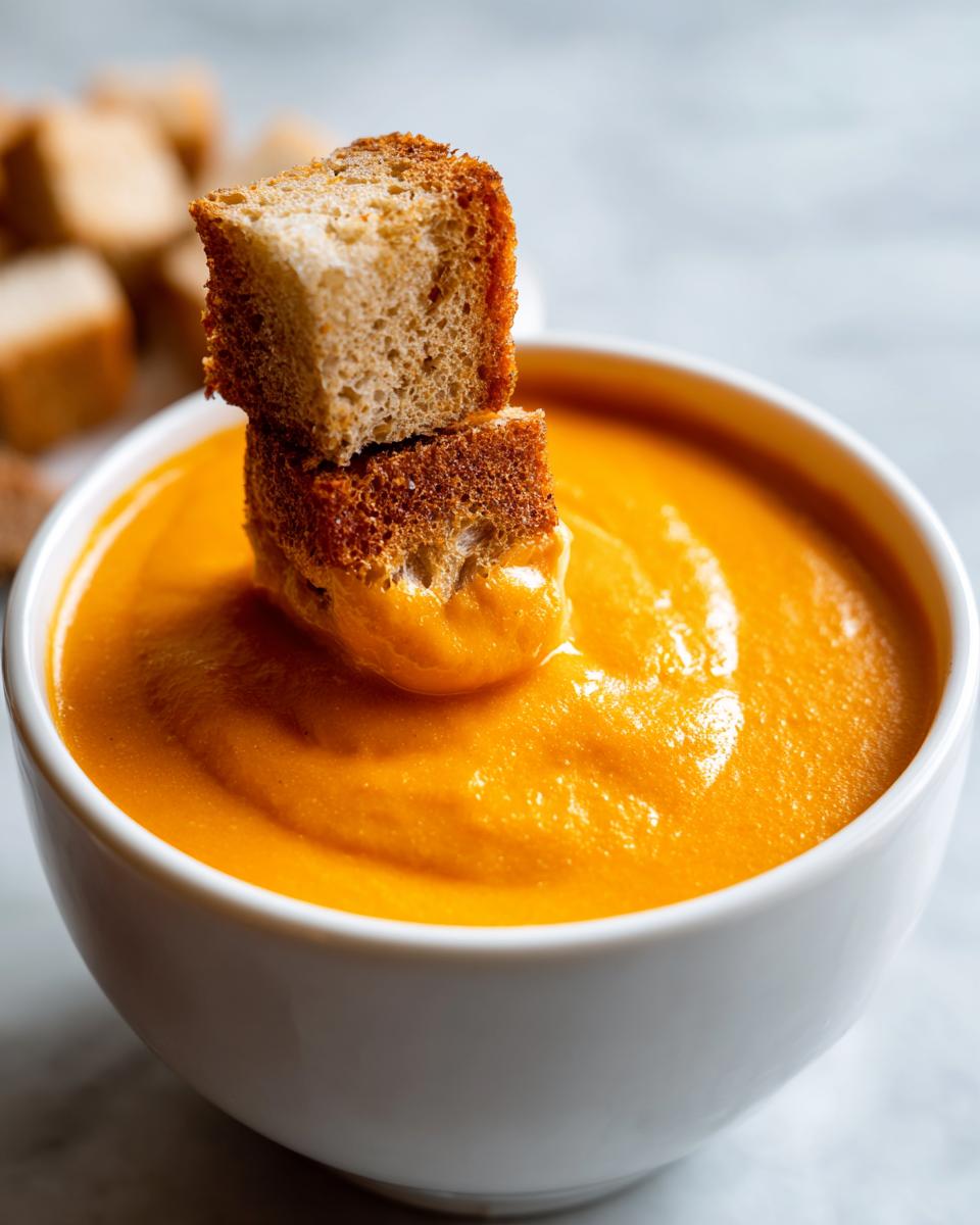 Close-up of toasted bread cubes dipping into a bowl of rich, orange cheddar cheese fondue recipe.