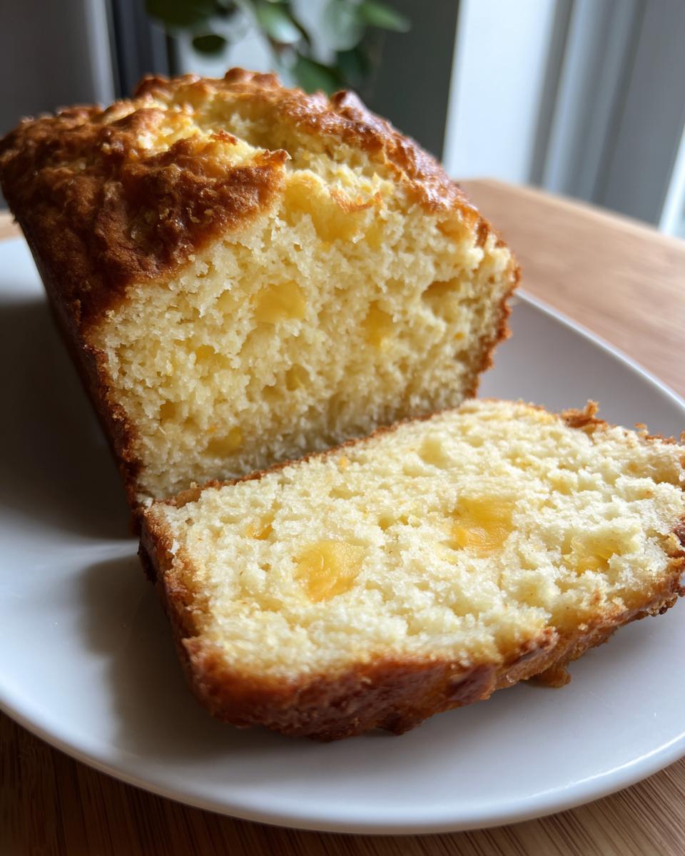 A close-up of a loaf of cheese beer bread, sliced to show the fluffy interior with melted cheese pockets.
