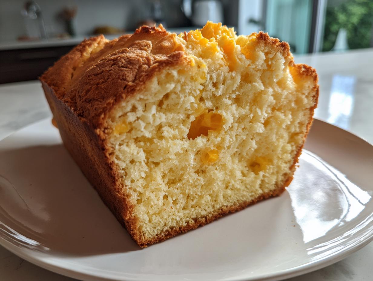 A thick slice of golden-brown cheese beer bread showing a moist, yellow crumb with visible melted cheese pockets.