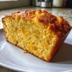 Close-up of a thick slice of golden cheese beer bread showing melted cheese chunks inside.