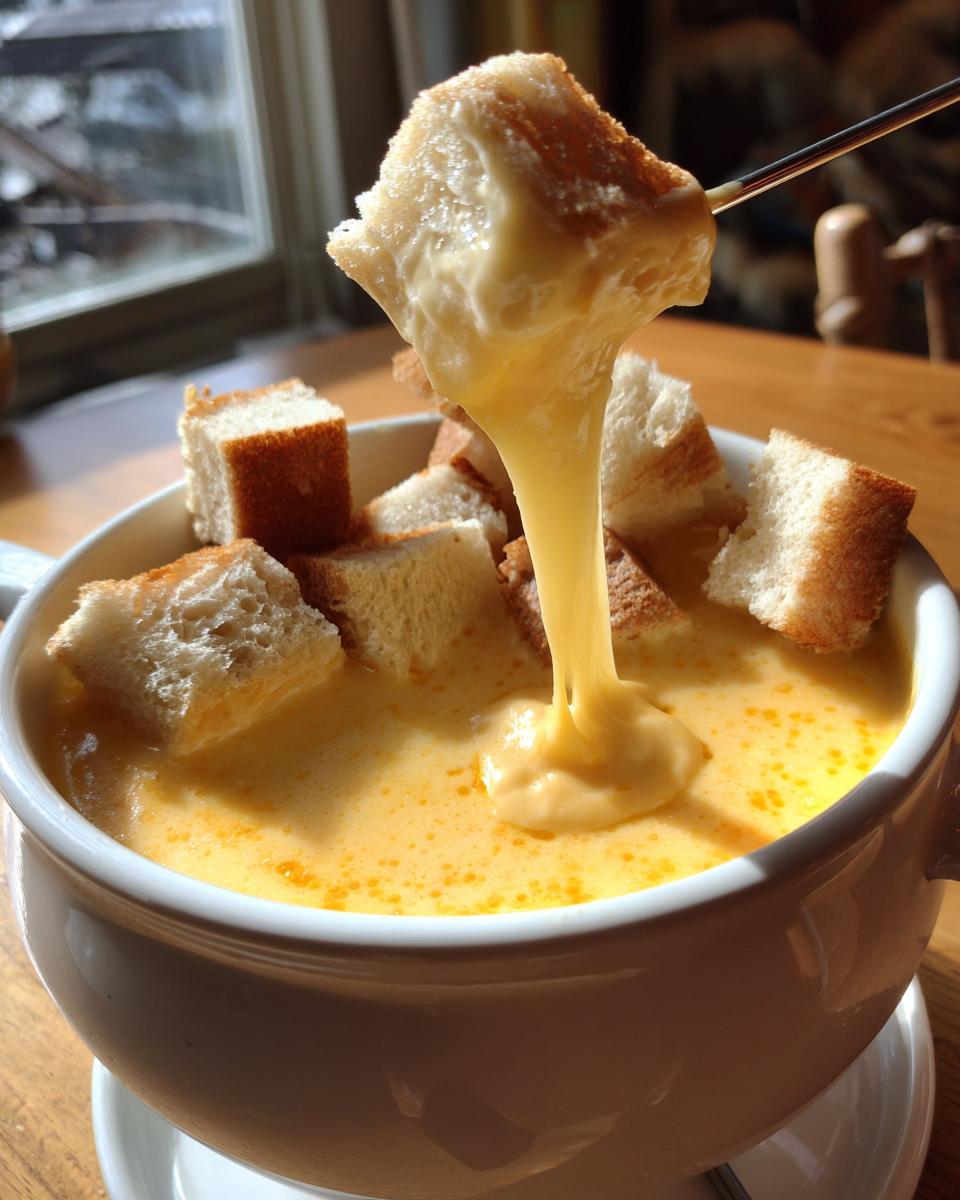 A piece of bread being dipped into a pot of melted cheese fondue recipe non alcoholic, showing a long, gooey cheese pull.