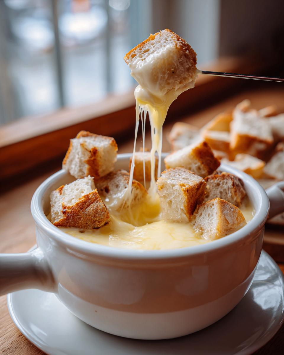 A piece of bread is dipped into a white bowl of melted cheese fondue recipe non alcoholic, showing long cheese pulls.