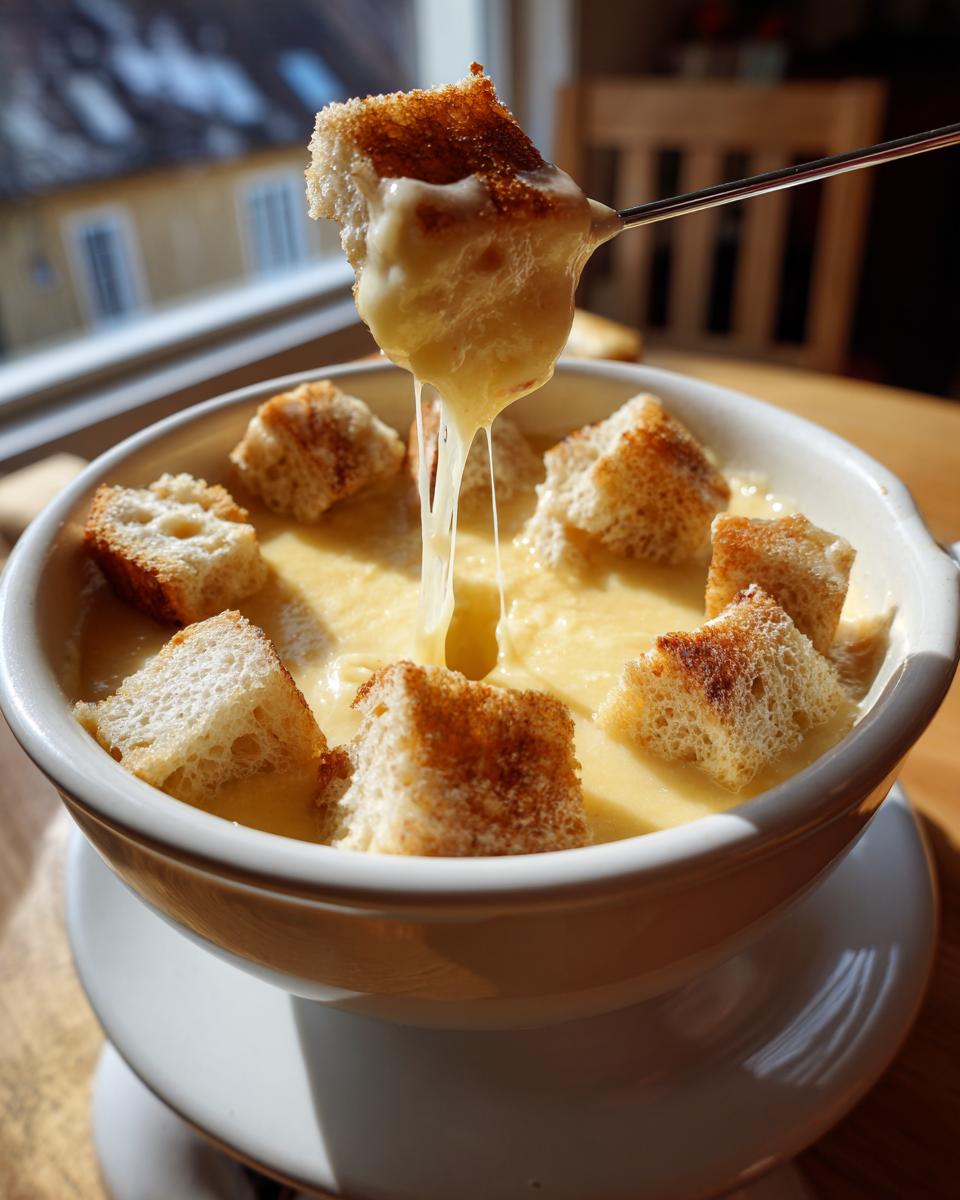 A piece of toasted bread is dipped into a pot of melted cheese for a cheese fondue recipe non alcoholic, showing a long cheese pull.