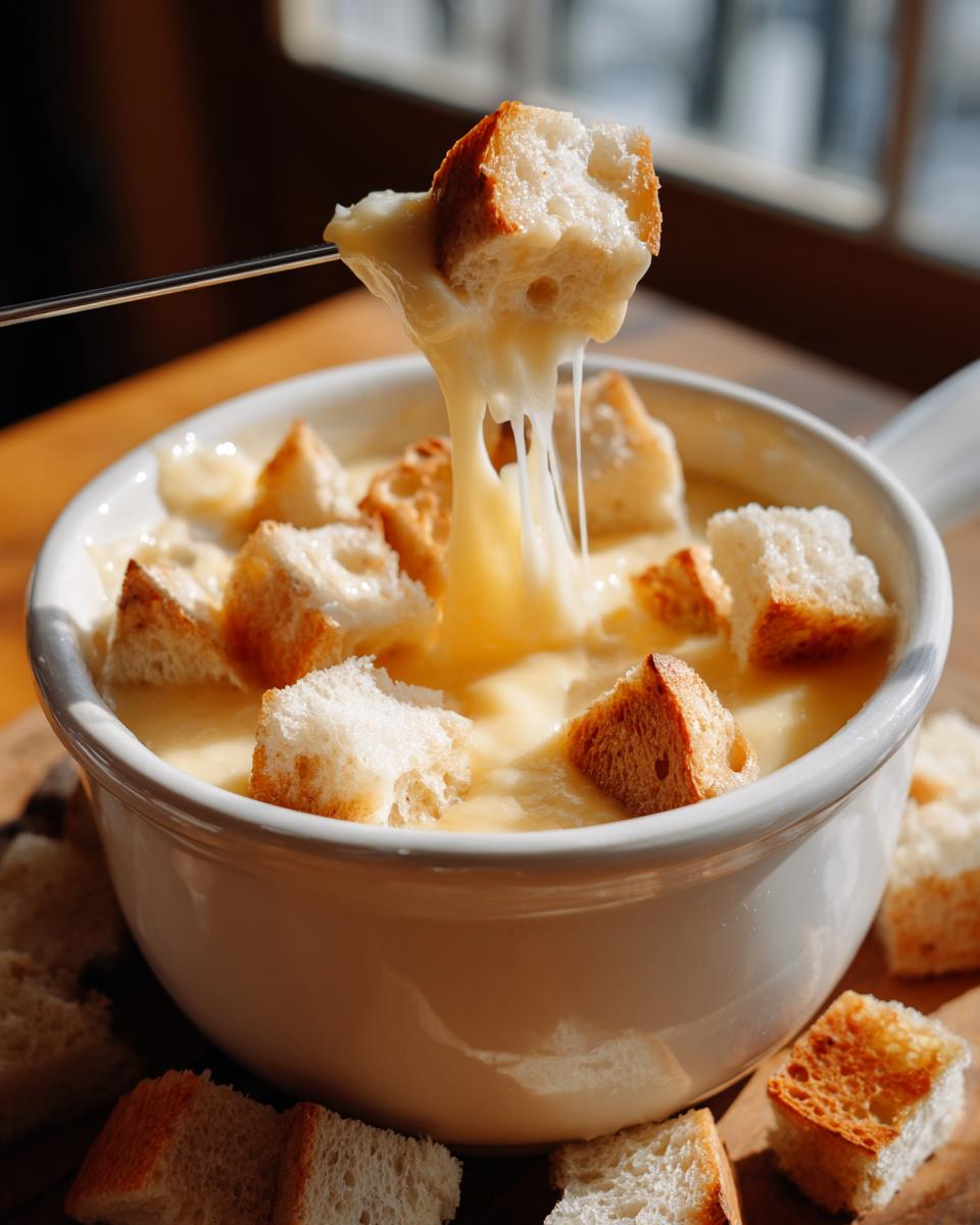 Close-up of bread being dipped into a pot of melted cheese fondue recipe non alcoholic.