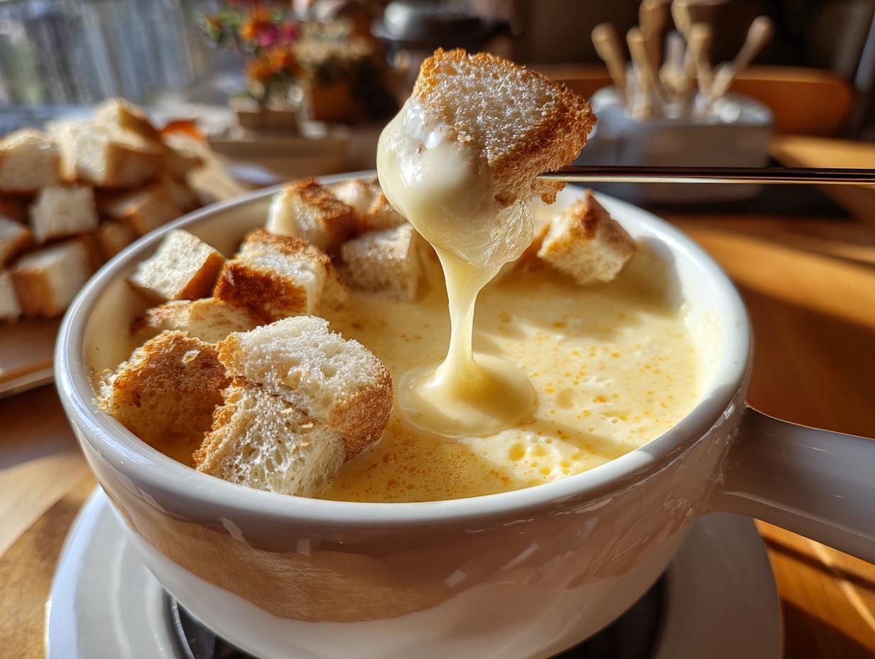 A piece of toasted bread is dipped into a white bowl of melted cheese fondue recipe non alcoholic, showing a dramatic cheese pull.