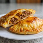 Close-up of golden brown cheeseburger pockets crescent rolls, one cut open showing seasoned ground beef and melted cheese filling.