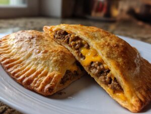Two golden brown cheeseburger pockets crescent rolls, one cut open showing seasoned ground beef and melted cheddar cheese.