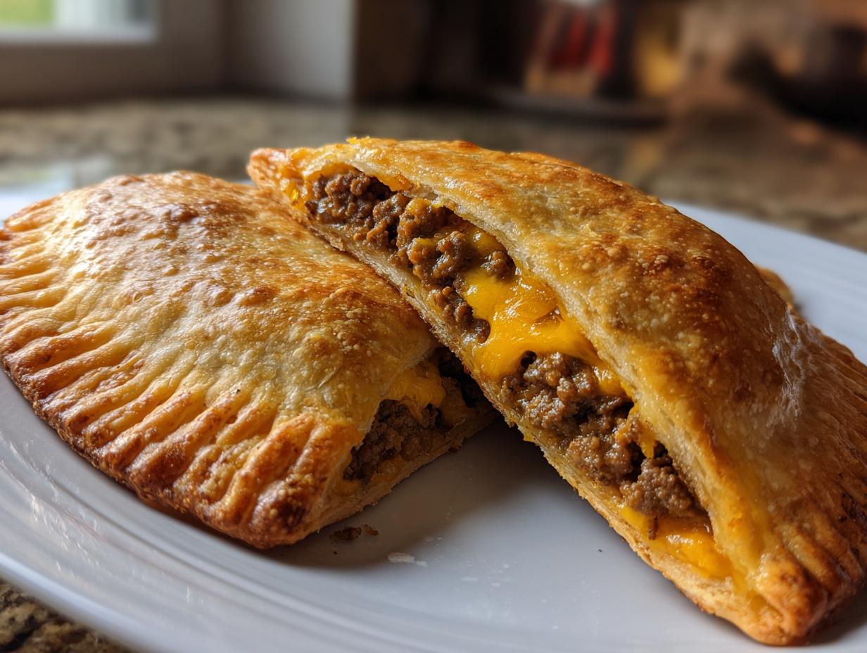 Two golden brown cheeseburger pockets crescent rolls, one cut open showing seasoned ground beef and melted cheddar cheese.