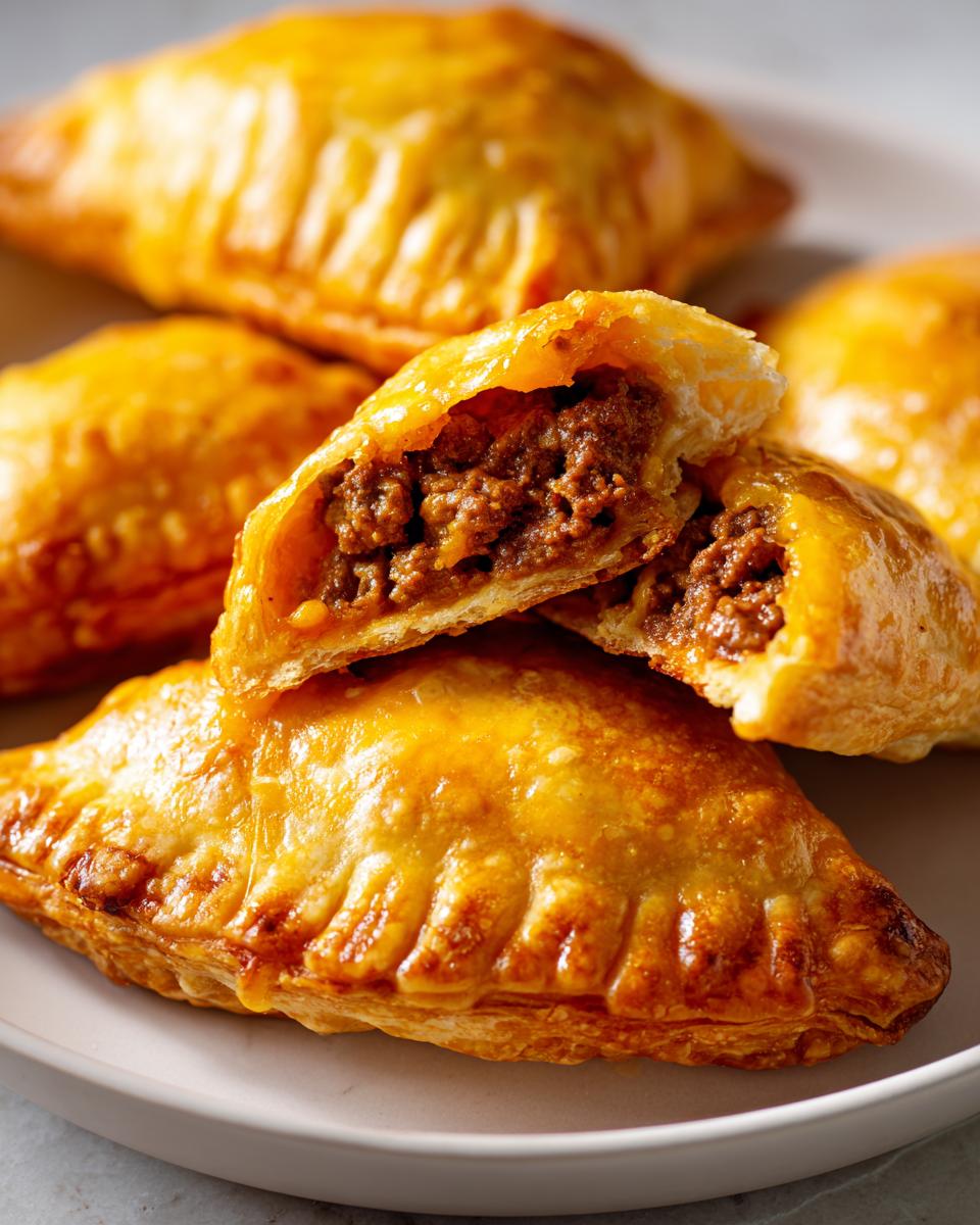 Close-up of golden brown cheeseburger pockets crescent rolls, one cut open revealing the seasoned ground beef filling.