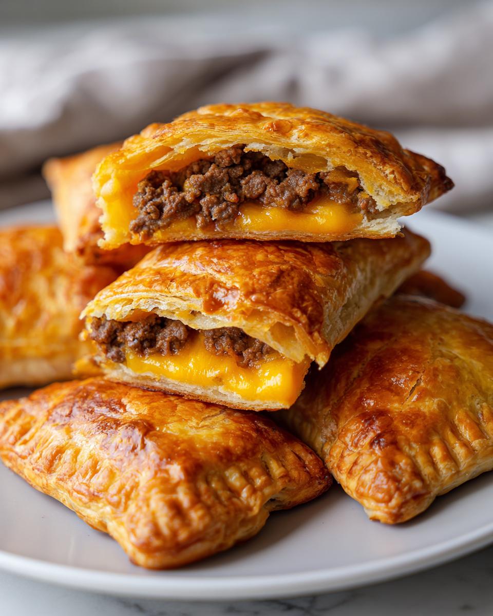 Close-up of golden baked cheeseburger pockets crescent rolls cut open showing seasoned ground beef and melted cheese.