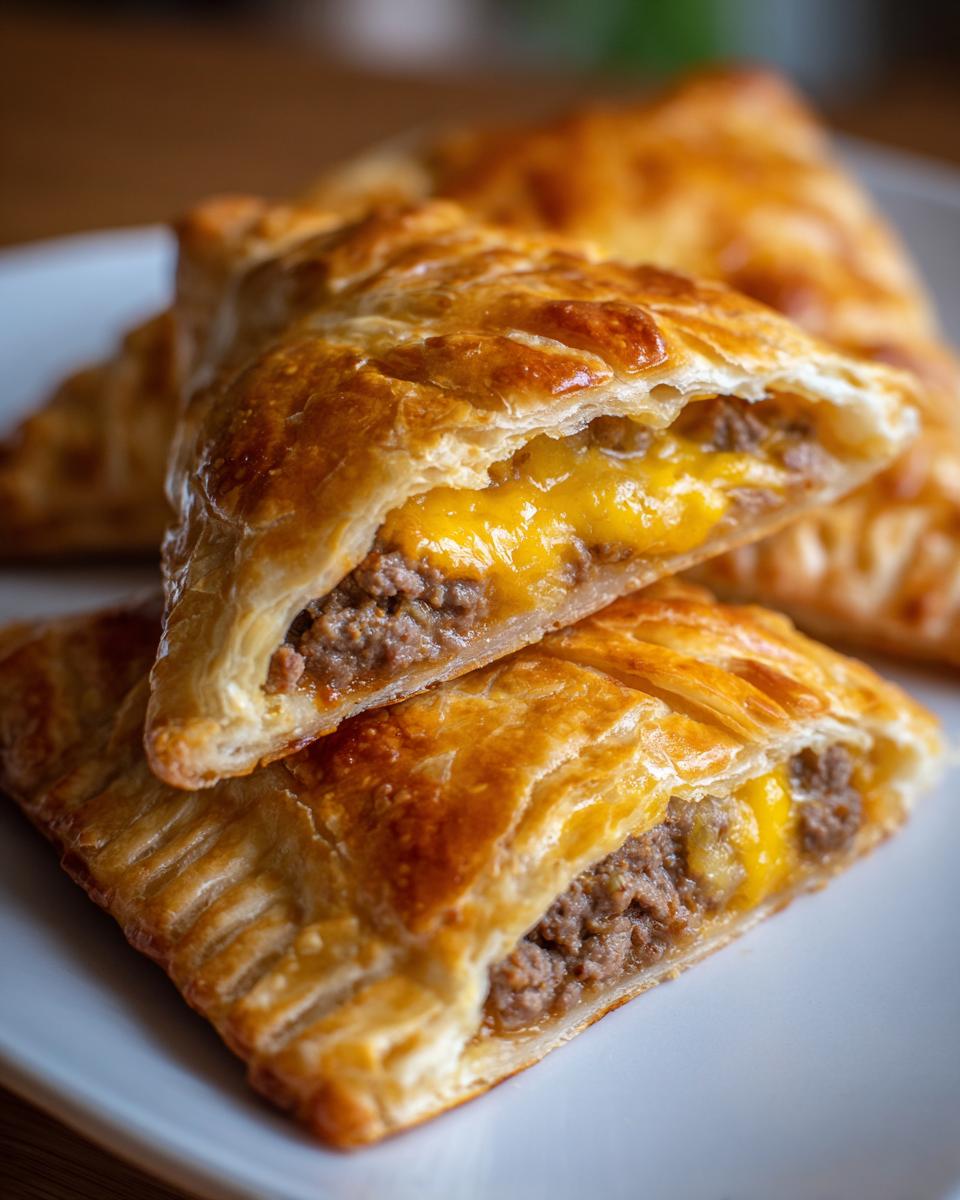 Close-up of flaky cheeseburger pockets crescent rolls cut in half showing ground beef and melted cheese filling.
