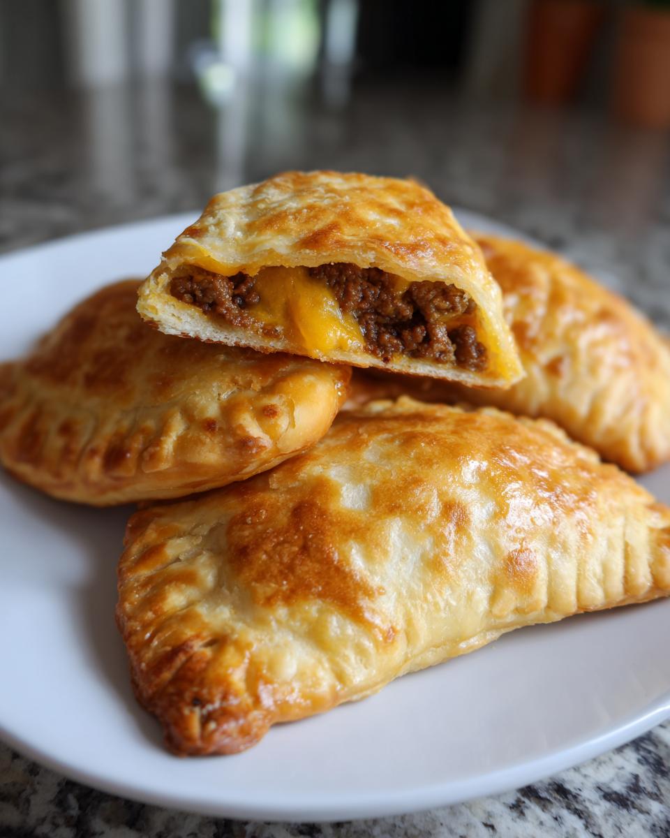 Close-up of golden brown cheeseburger pockets crescent rolls, one cut open showing ground beef and melted cheese filling.