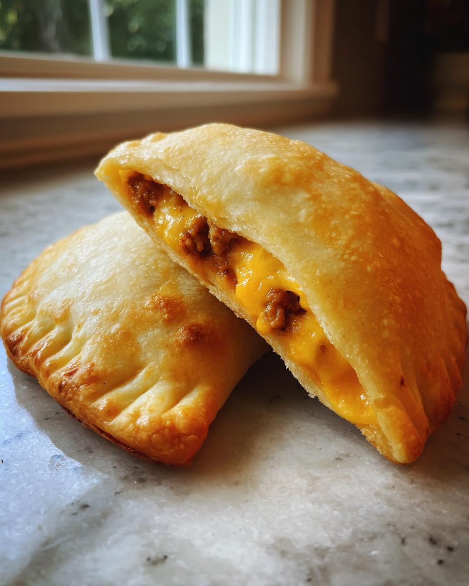 Two golden-brown cheeseburger pockets, one cut open showing ground beef and melted cheddar cheese filling.