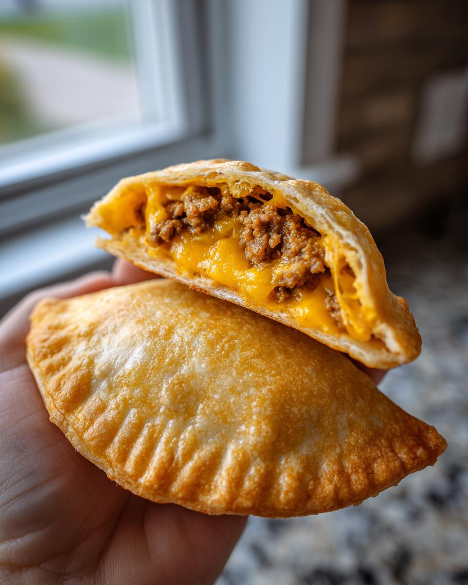 Close-up of a hand holding two golden-brown cheeseburger pockets, one cut in half showing ground beef and melted cheese filling.