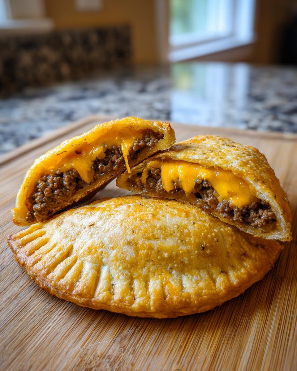 Close-up of two golden-brown cheeseburger pockets, one cut open showing seasoned ground beef and melted cheddar cheese.
