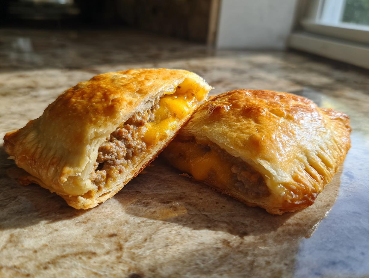 Two golden brown cheeseburger pockets cut in half showing the ground beef and melted cheese filling.