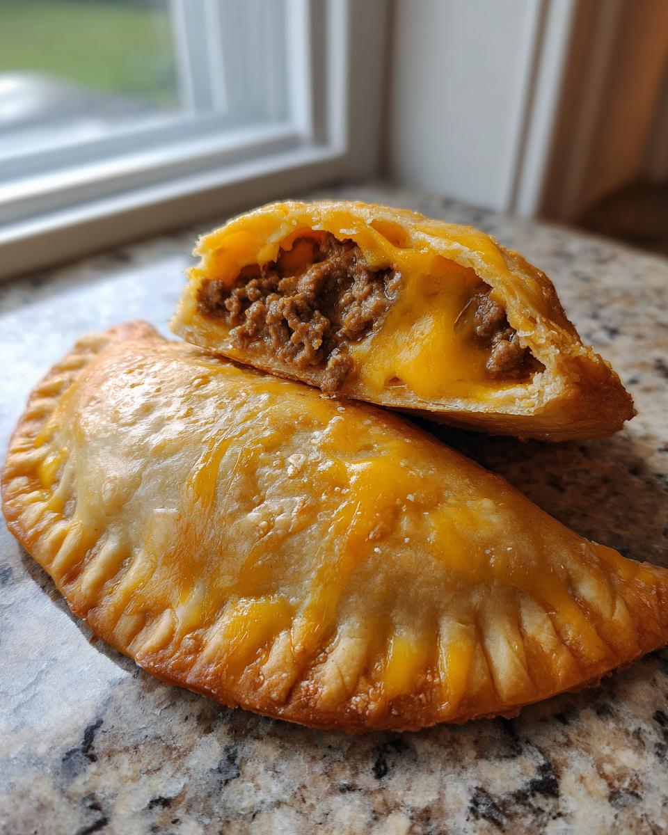 Two golden-brown cheeseburger pockets resting on a counter, one cut open revealing seasoned ground beef and melted cheddar cheese.