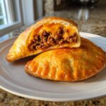 Two golden brown cheeseburger pockets on a plate, one cut in half showing seasoned ground beef and melted cheddar cheese filling.