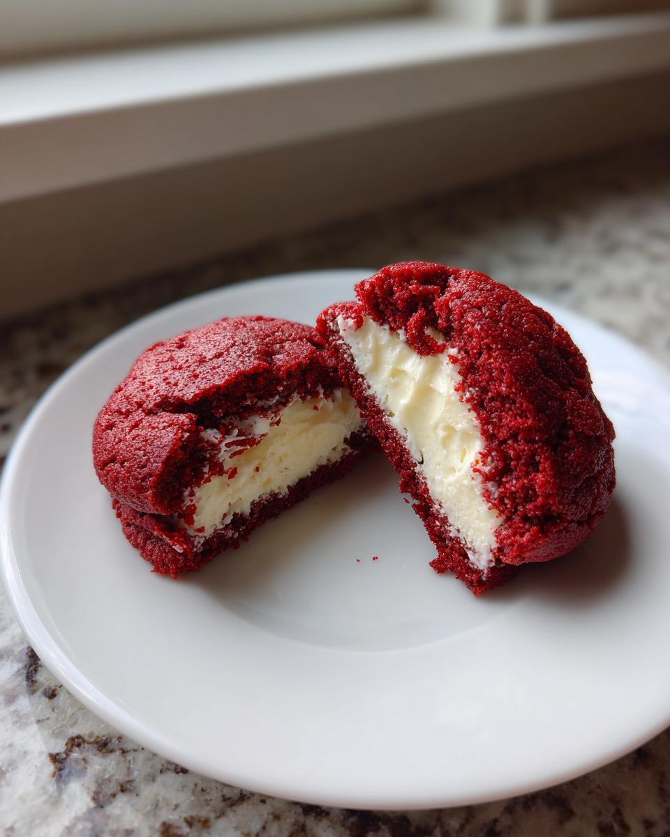A red velvet cookie cut in half revealing a thick, creamy cheesecake filling inside, showcasing the cheesecake stuffed red velvet cookies.