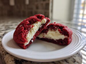 A red velvet cookie, cut in half to show the creamy cheesecake stuffed center, is displayed on a white plate.