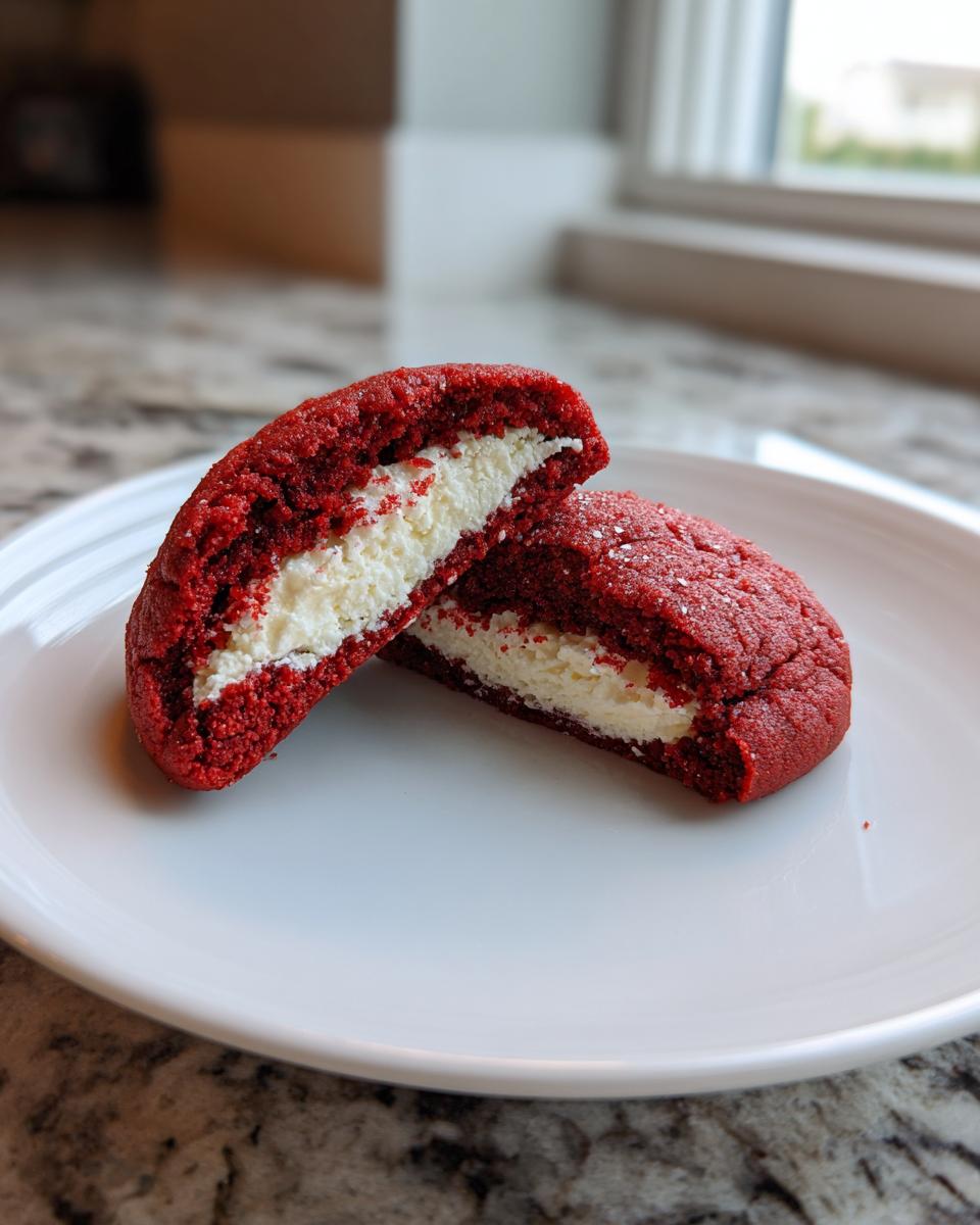 A red velvet cookie cut in half showing the creamy white cheesecake stuffed center of the cheesecake stuffed red velvet cookies.