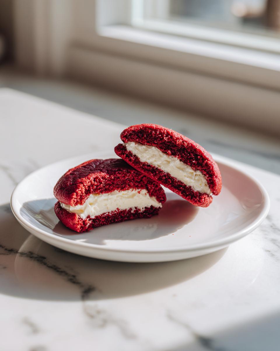 Two halves of a cheesecake stuffed red velvet cookies showing the thick cream cheese filling.