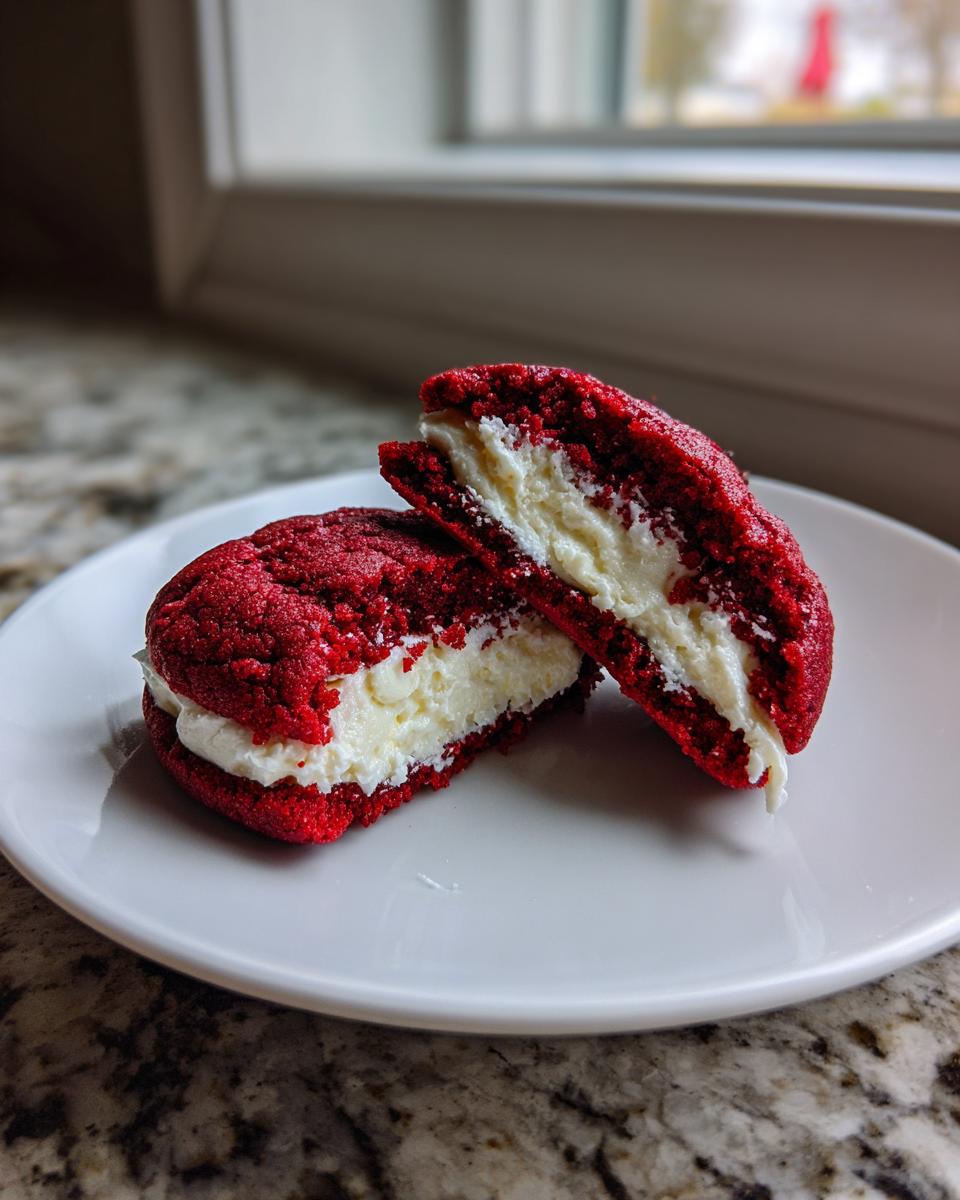Two halves of a cheesecake stuffed red velvet cookies showing the thick cream cheese filling.