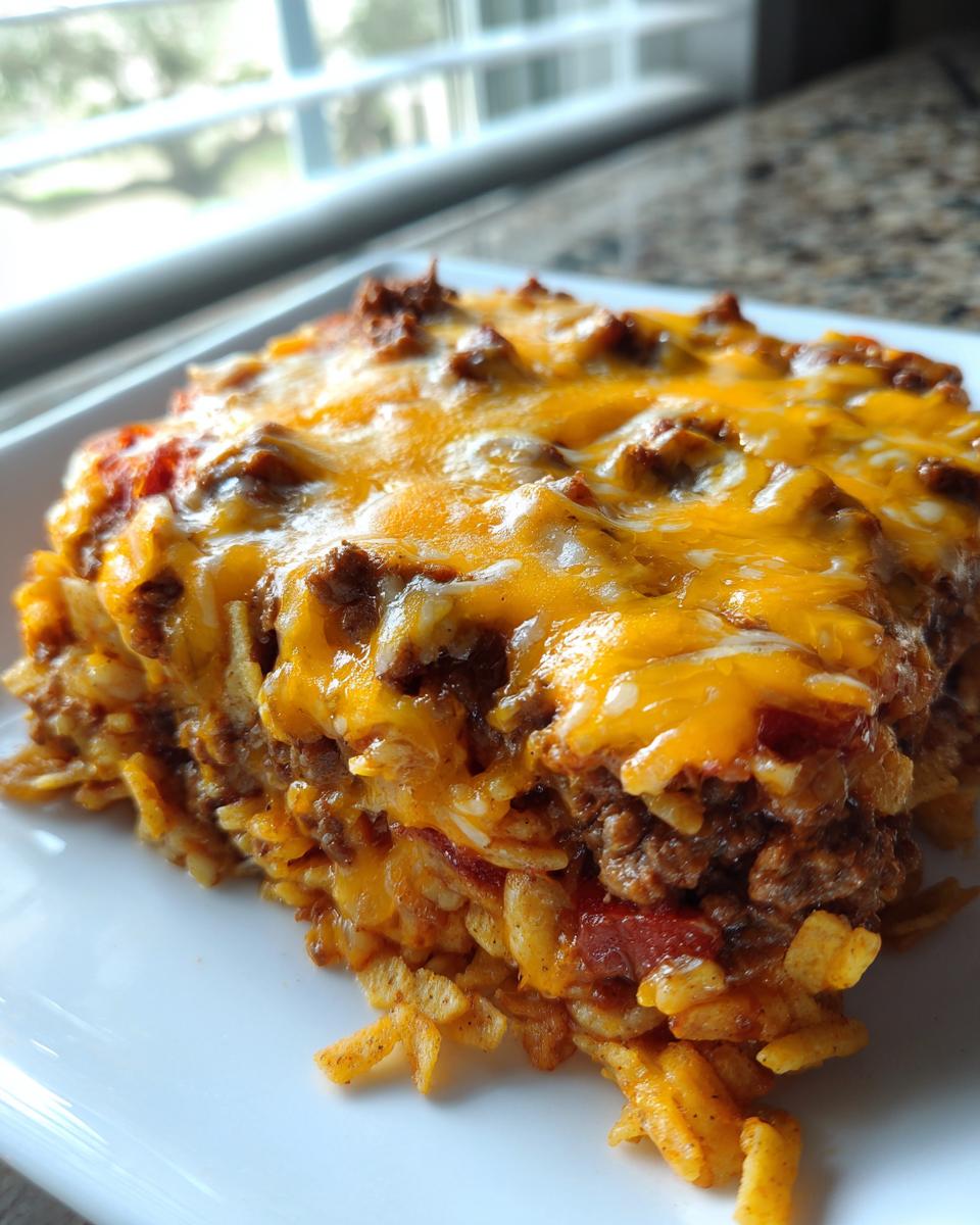A thick slice of baked frito pie casserole topped with melted cheddar cheese and ground beef mixture.