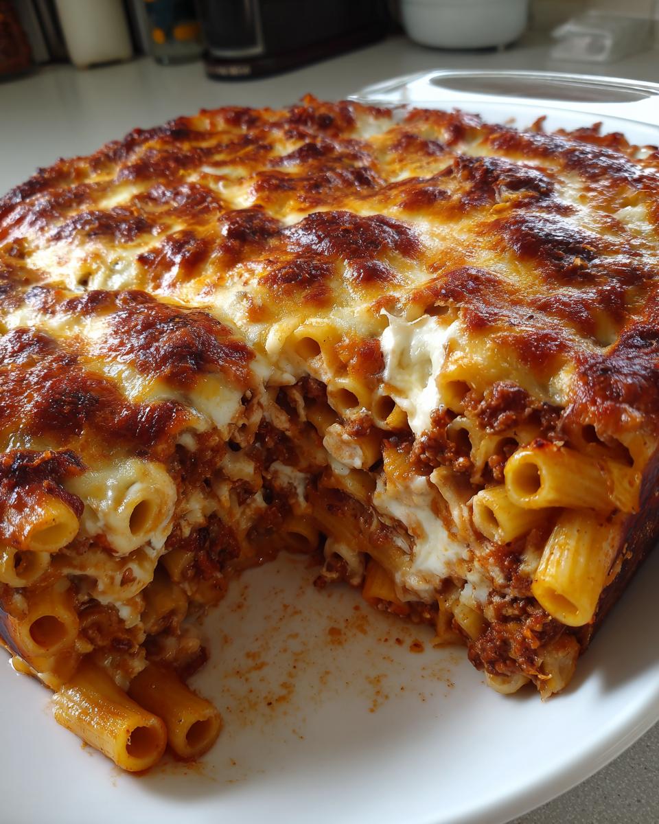 A close-up of a baked ziti casserole with a rich meat sauce and bubbly, browned cheese topping.