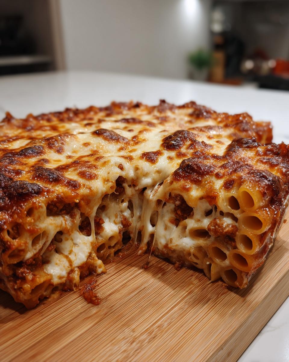 A square portion of baked ziti showing a dramatic cheese pull between the cut sections.