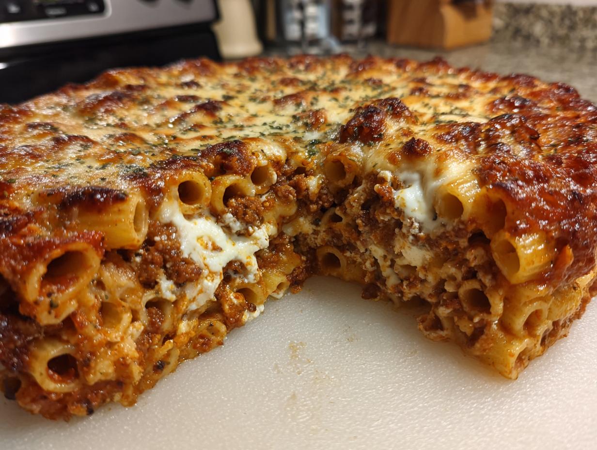 A cross-section view of a baked cheesy ziti casserole showing layers of pasta, meat sauce, and melted cheese.