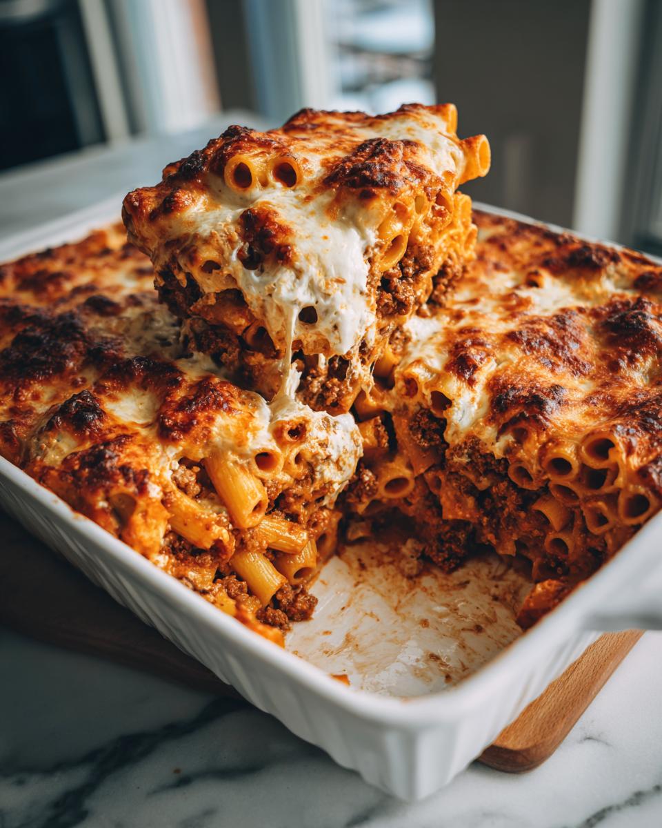 A large, cheesy portion of baked ziti being lifted from a white casserole dish, showing browned cheese.